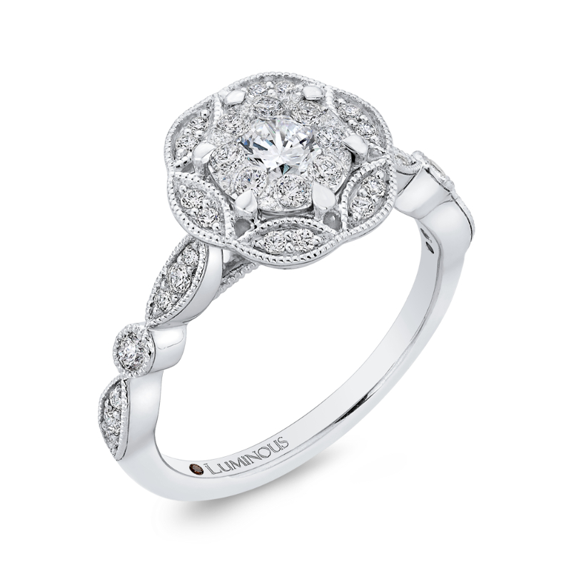 Round Diamond Flower Engagement Ring in 14K White Gold