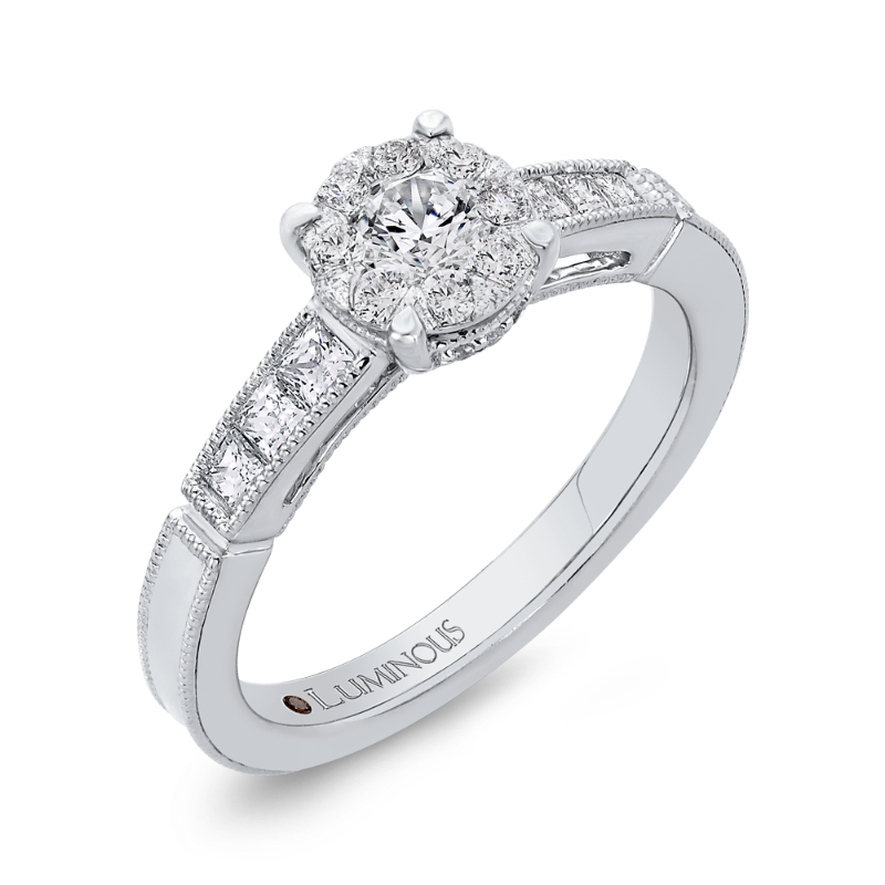 Round & Princess Cut Diamond Engagement Ring in 14K White Gold
