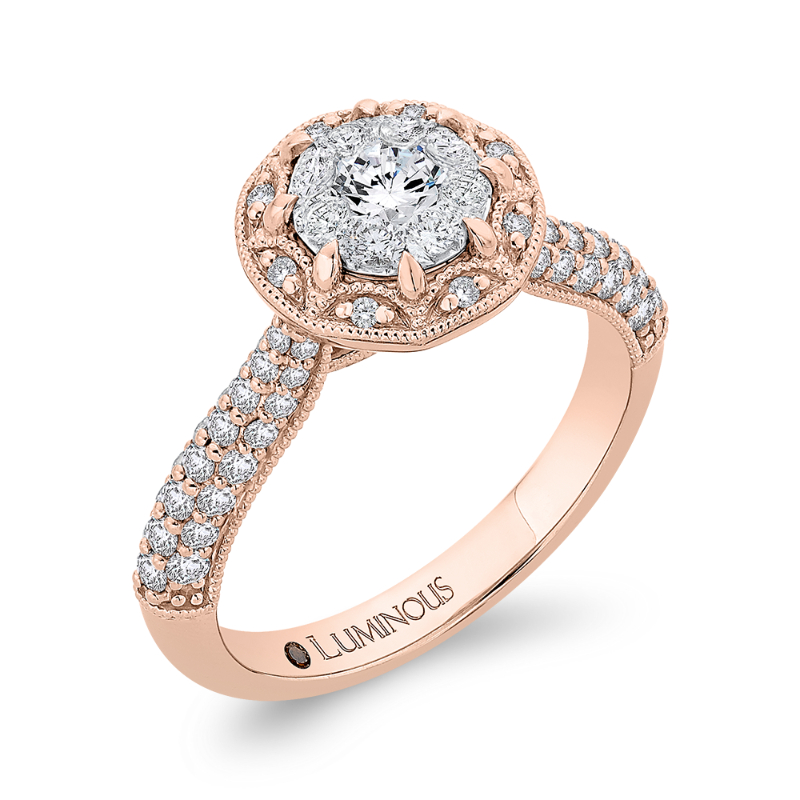 Round Diamond Flower Engagement Ring in 14K Two Tone Gold