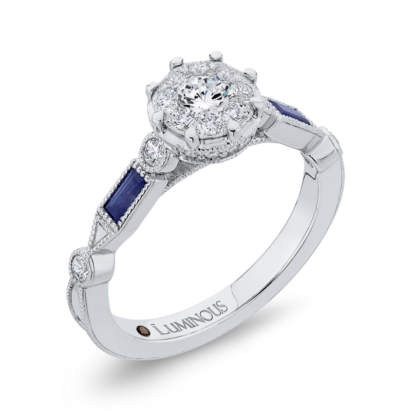 Round Diamond Engagement Ring with Baguette Cut Blue Sapphire in 14K White Gold