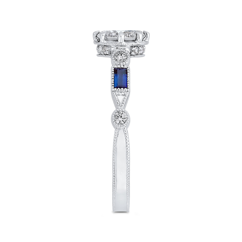 Round Diamond Engagement Ring with Baguette Cut Blue Sapphire in 14K White Gold