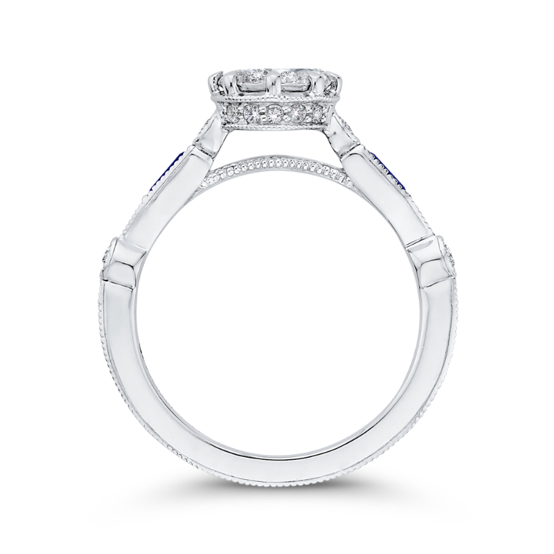 Round Diamond Engagement Ring with Baguette Cut Blue Sapphire in 14K White Gold