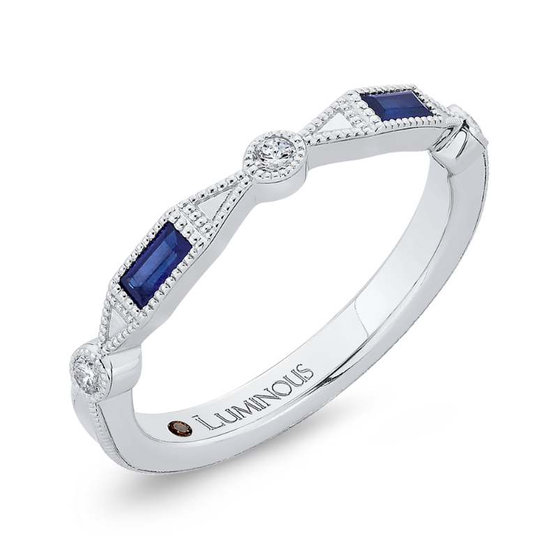 Round Diamond Wedding Band with Sapphire in 14K White Gold