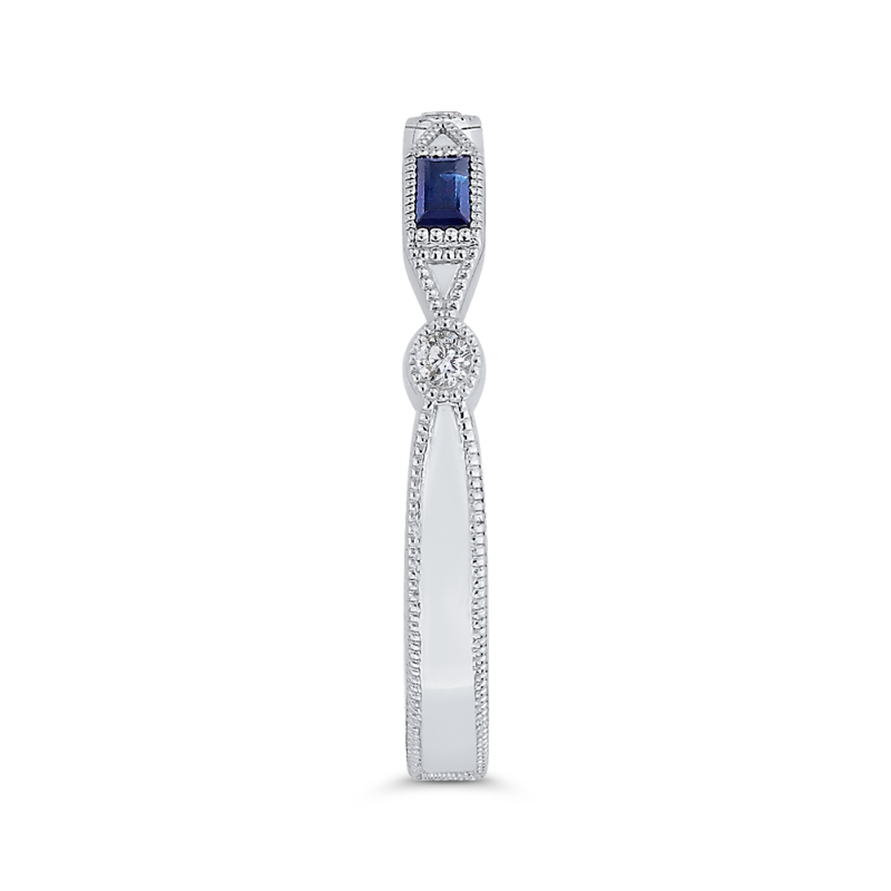 Round Diamond Wedding Band with Sapphire in 14K White Gold