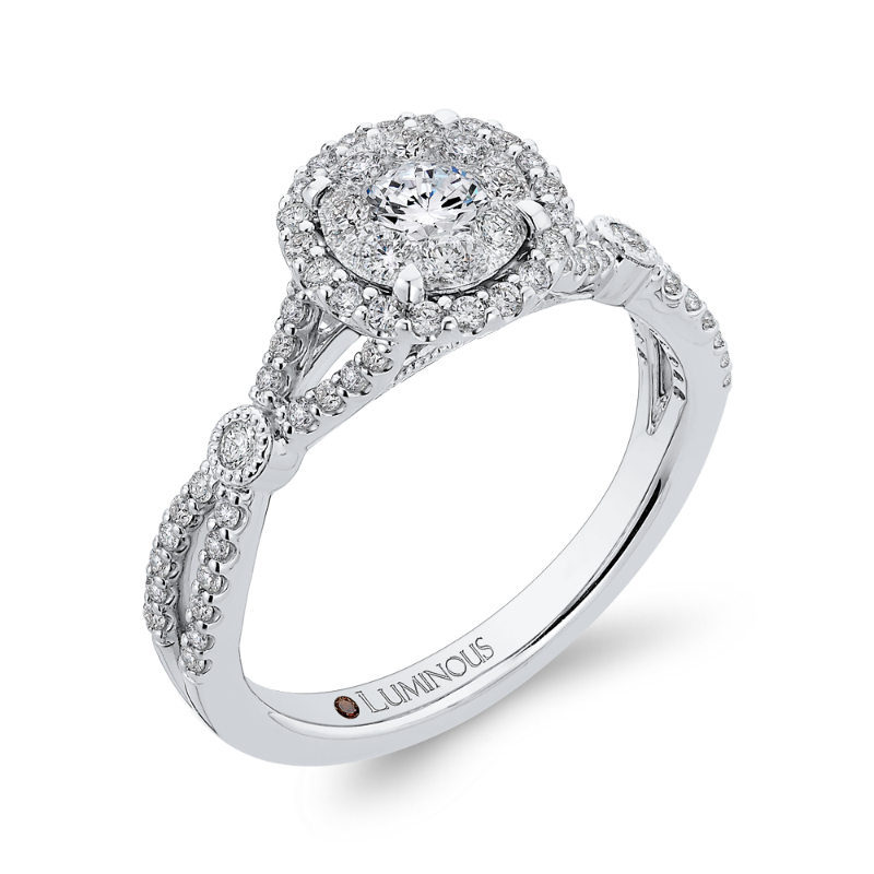 Split Shank Round Diamond Halo Engagement Ring in 14K White Gold