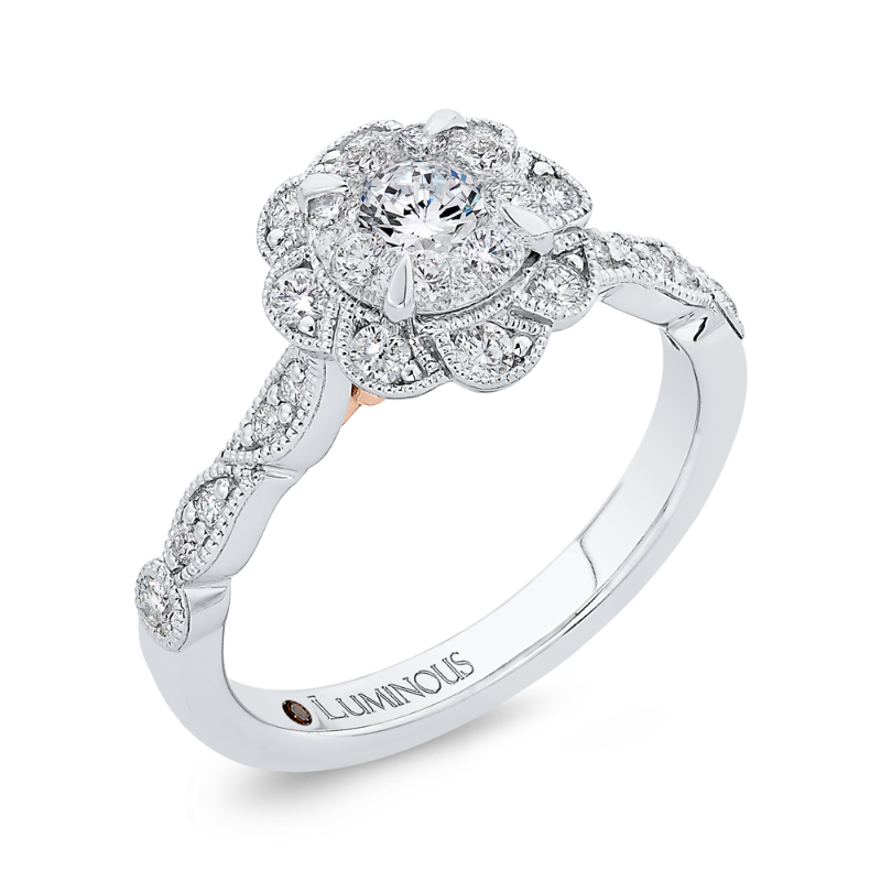 Round Diamond Floral Engagement Ring in 14K Two Tone Gold