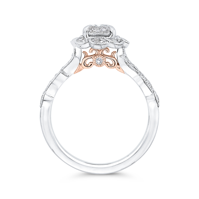 Round Diamond Floral Engagement Ring in 14K Two Tone Gold