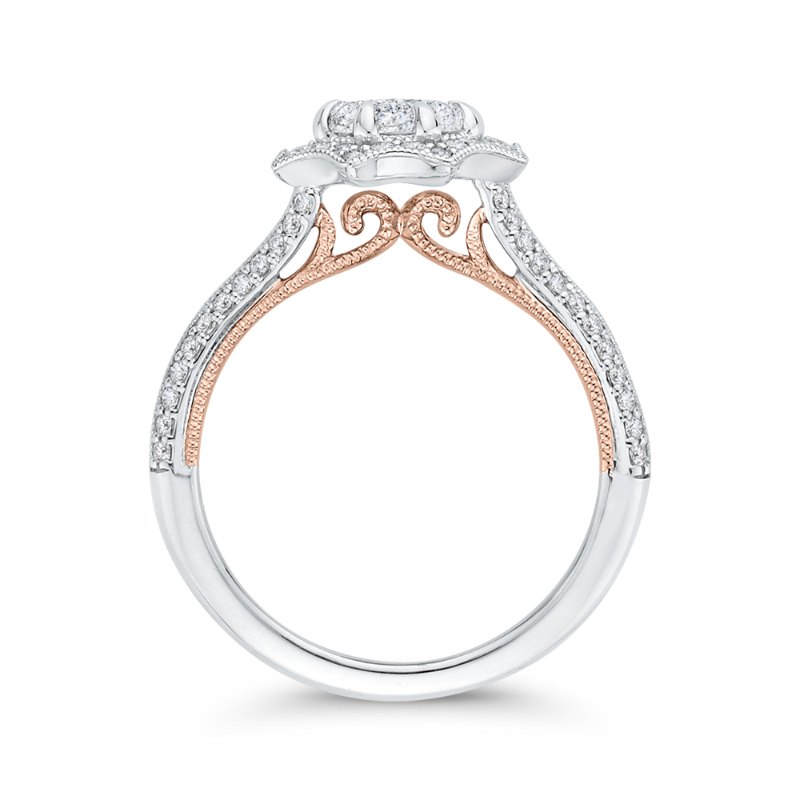 Split Shank Round Diamond Floral Halo Engagement Ring in 14K Two Tone Gold