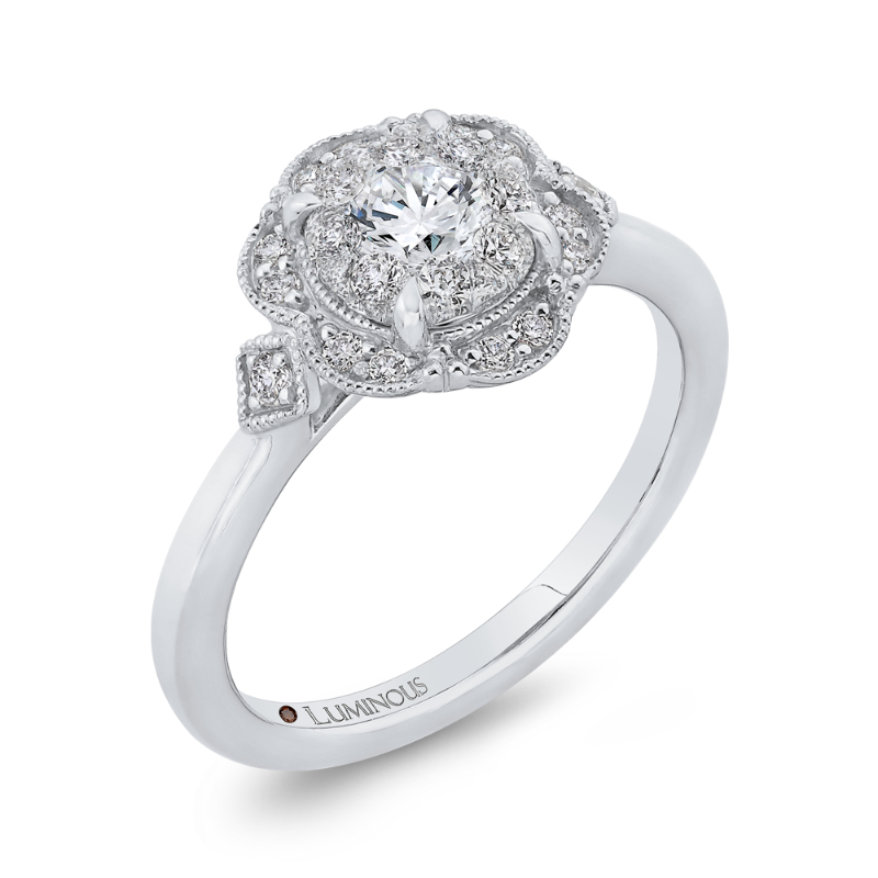 Round Diamond Floral Engagement Ring in 14K White Gold