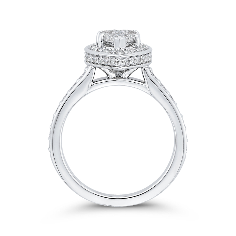 Round Diamond Pear Shape Halo Engagement Ring in 14K White Gold