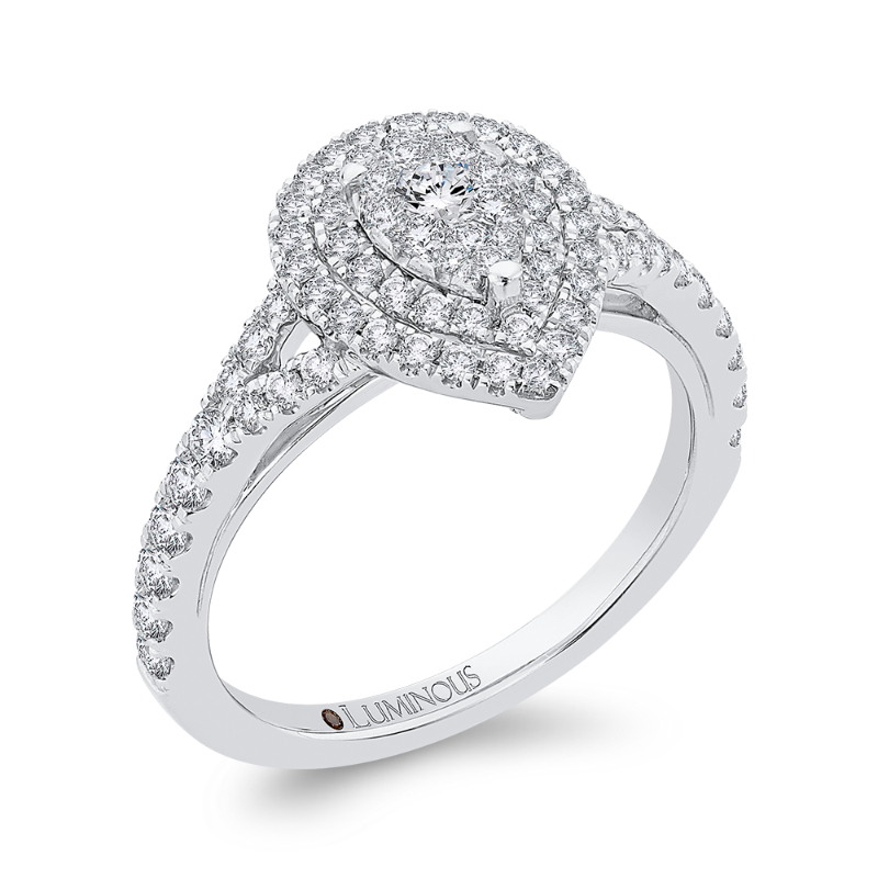 Split Shank Round Diamond Pear Shape Double Halo Engagement Ring in 14K White Gold