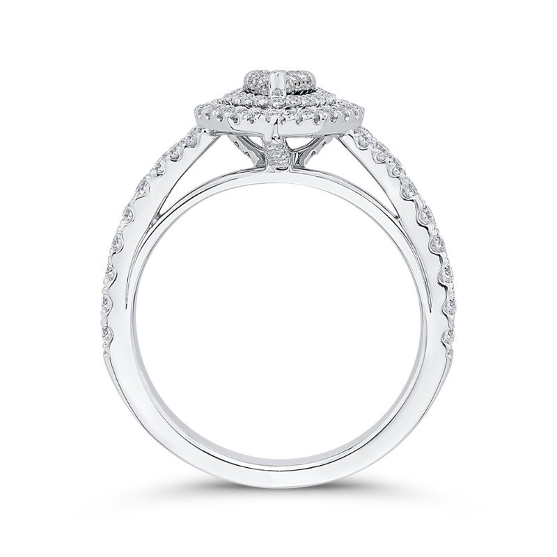 Split Shank Round Diamond Pear Shape Double Halo Engagement Ring in 14K White Gold