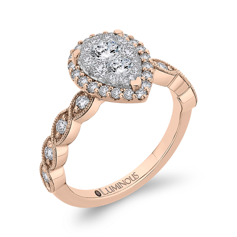Round Diamond Pear Shape Halo Engagement Ring in 14K Two Tone Gold