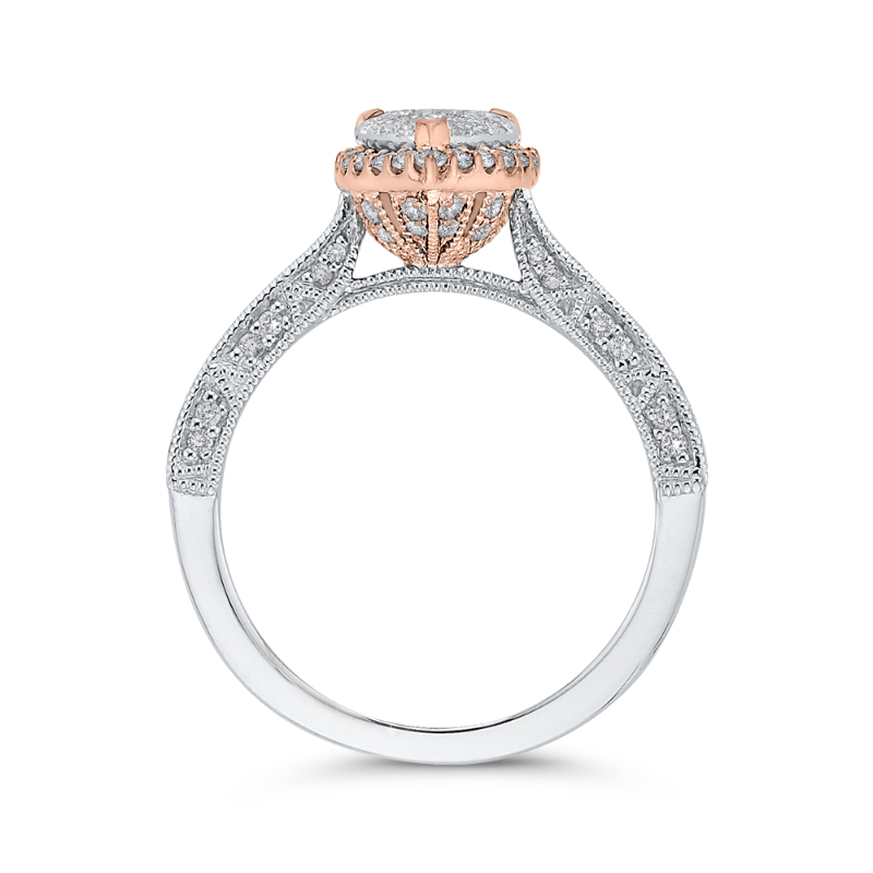 Round Diamond Pear Shape Halo Engagement Ring in 14K Two Tone Gold