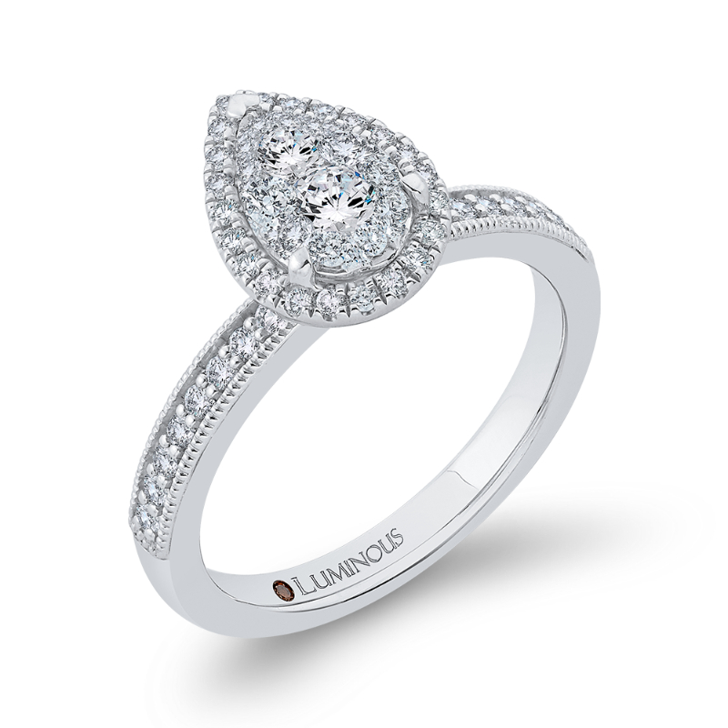 Round Diamond Pear Shape Halo Engagement Ring in 14K White Gold