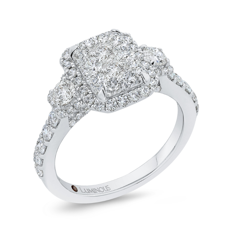 Round Diamond Emerald Shape Halo Engagement Ring in 14K White Gold