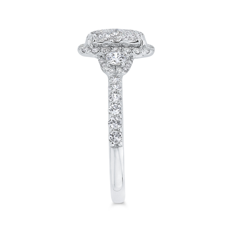 Round Diamond Emerald Shape Halo Engagement Ring in 14K White Gold
