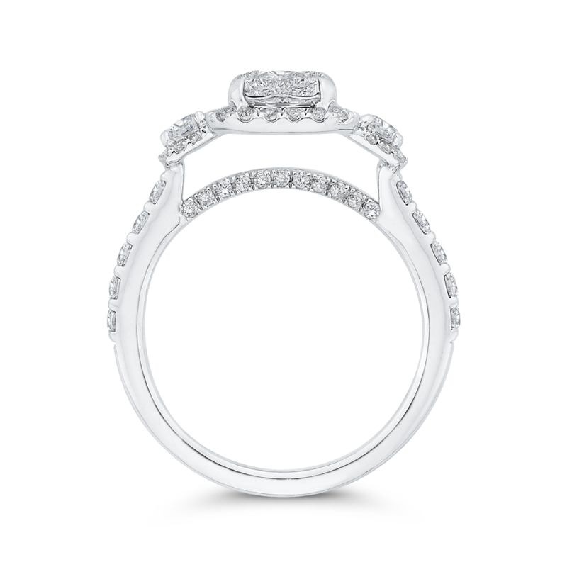 Round Diamond Emerald Shape Halo Engagement Ring in 14K White Gold