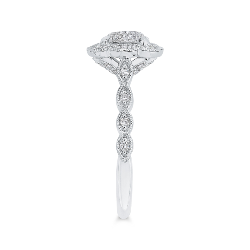 Euro Shank Round Diamond Emerald Shape Halo Engagement Ring in 14K White Gold
