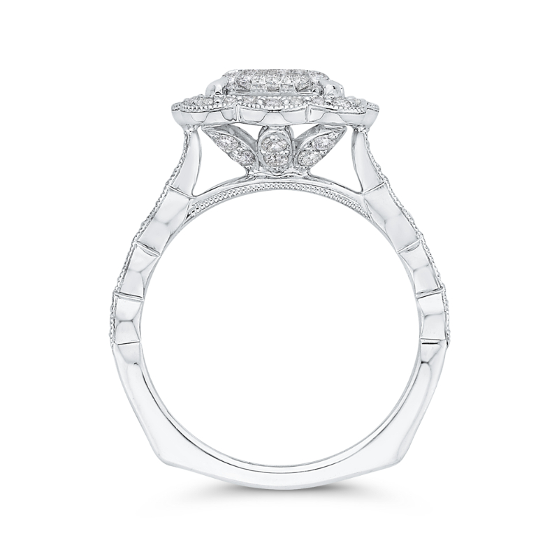 Euro Shank Round Diamond Emerald Shape Halo Engagement Ring in 14K White Gold