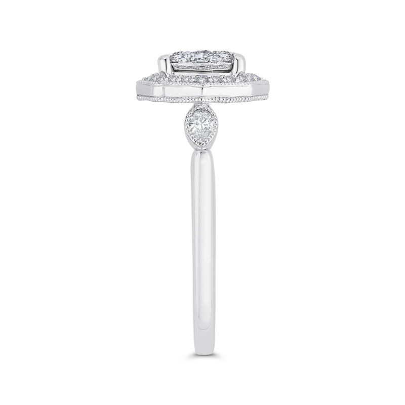 Round Diamond Oval Shape Halo Engagement Ring in 14K White Gold