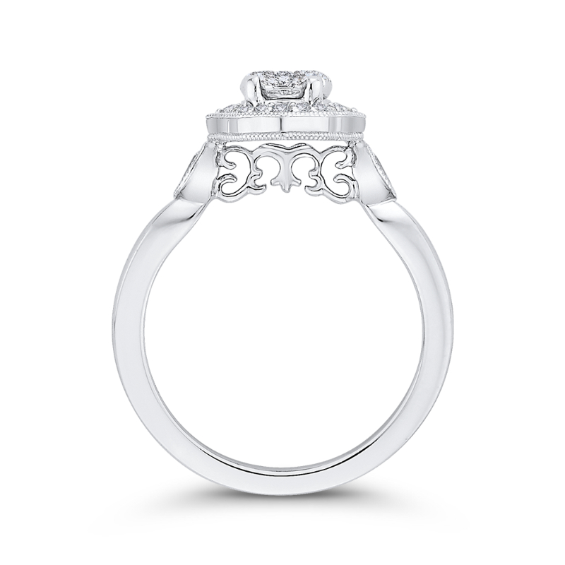 Round Diamond Oval Shape Halo Engagement Ring in 14K White Gold