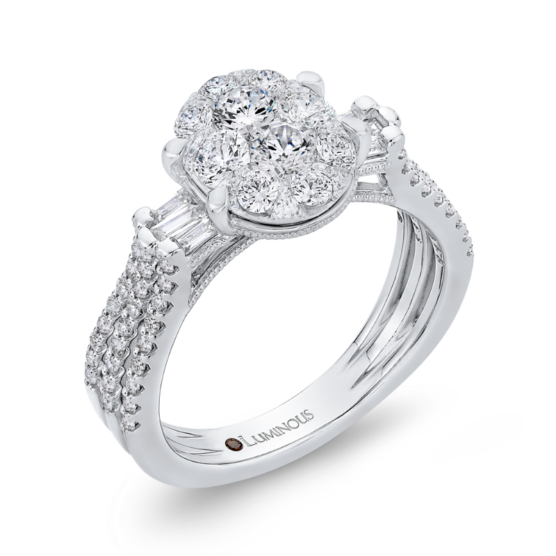 Round & Baguette Cut Diamond Engagement Ring in 14K White Gold