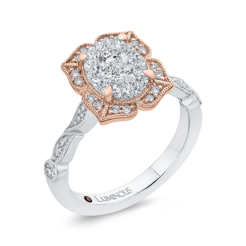 Round Diamond Floral Engagement Ring in 14K Two Tone Gold