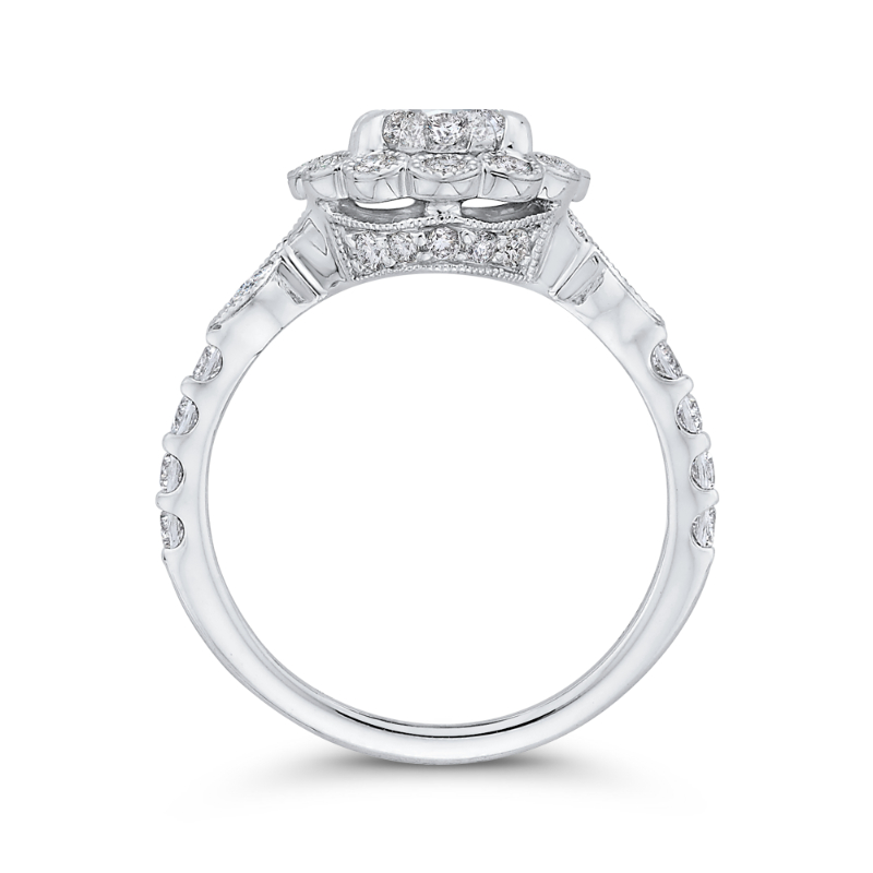 Round Diamond Oval Shape Halo Engagement Ring in 14K White Gold
