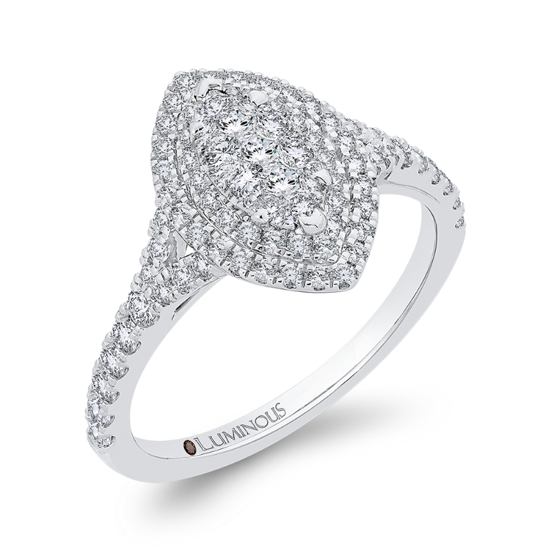 Split Shank Round Diamond Marquise Cut Shape Double Halo Engagement Ring in 14K White Gold