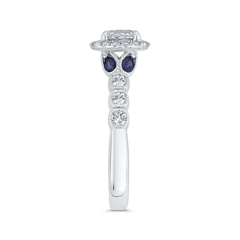 Round Diamond Halo Engagement Ring with Sapphire in 14K White Gold