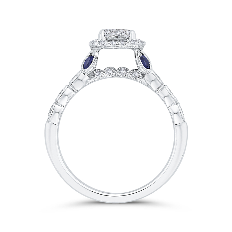 Round Diamond Halo Engagement Ring with Sapphire in 14K White Gold