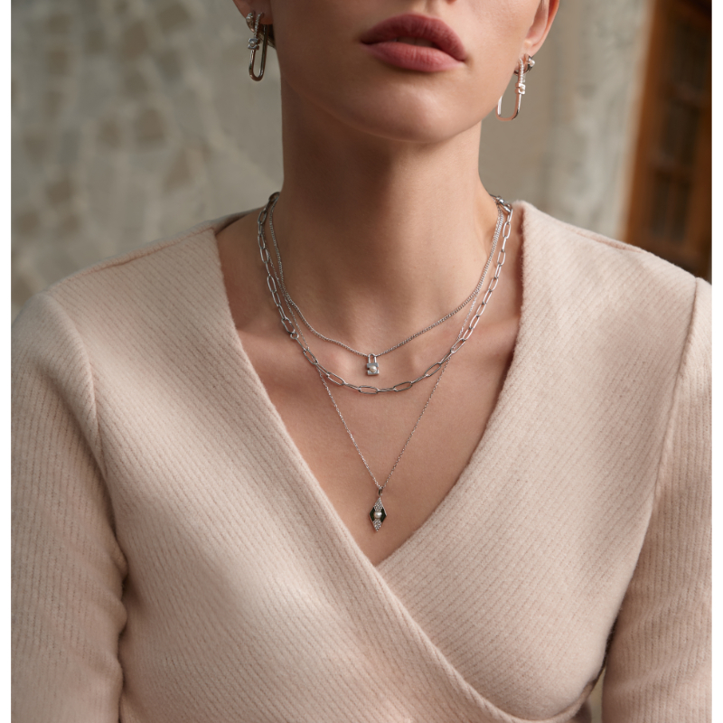 Silver Pearl Geometric Pendant Necklace