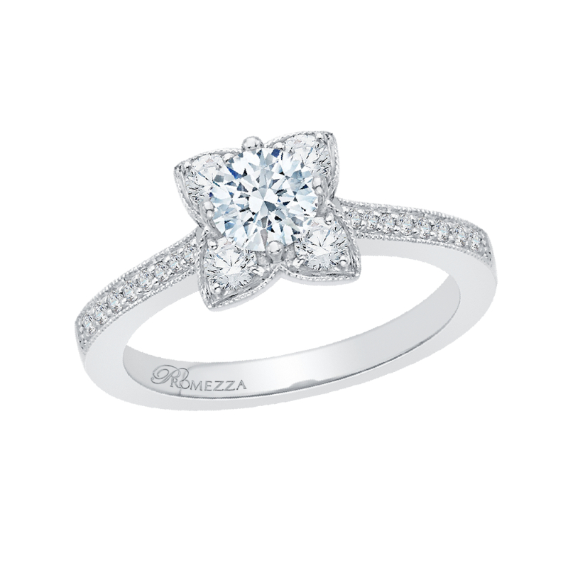 Round Diamond Floral Engagement Ring in 14K White Gold