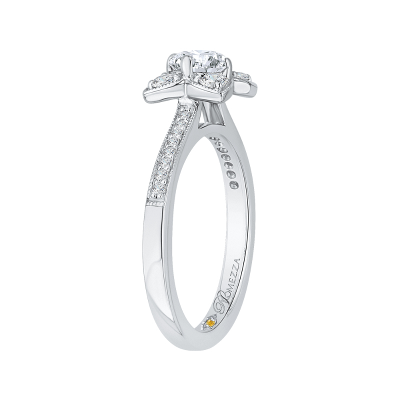 Round Diamond Floral Engagement Ring in 14K White Gold