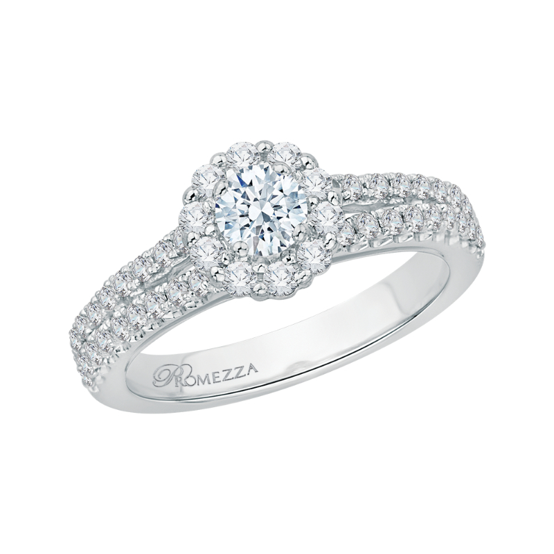 Split Shank Diamond Halo Engagement Ring in 14K White Gold