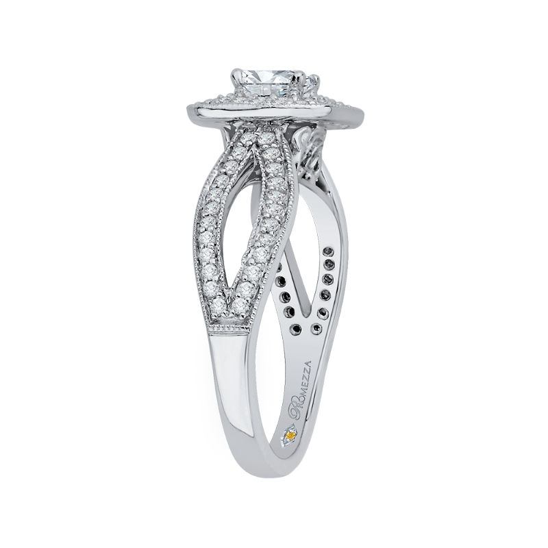 Round Diamond Double Halo Engagement Ring with Split Shank In 14K White Gold