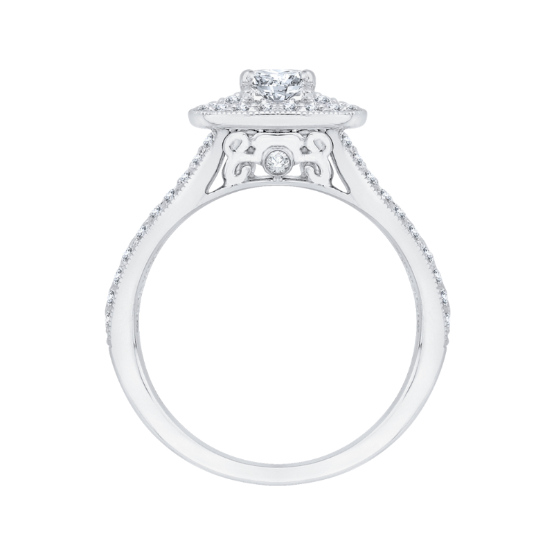 Round Diamond Double Halo Engagement Ring with Split Shank In 14K White Gold