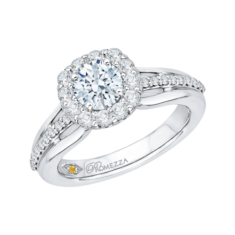 Split Shank Diamond Halo Engagement Ring Set in 14K White Gold