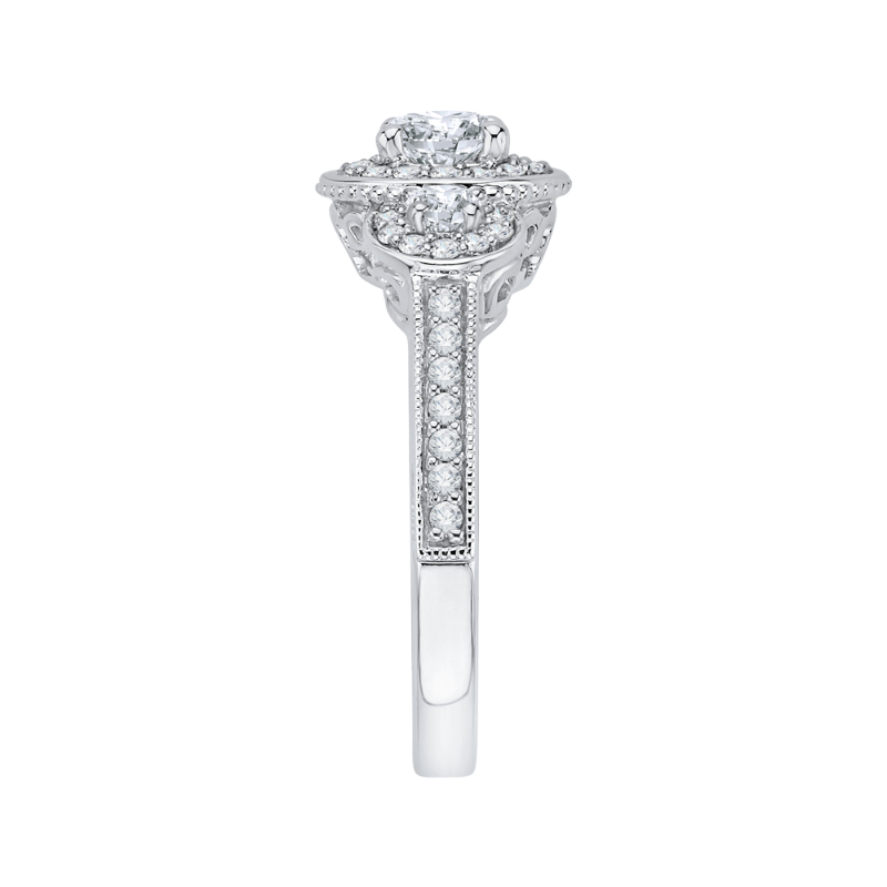 Diamond Three-Stone Halo Engagement Ring in 14K White Gold