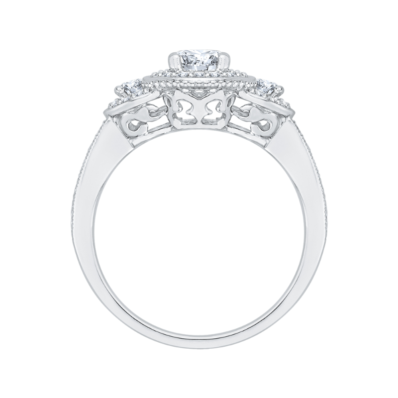 Diamond Three-Stone Halo Engagement Ring in 14K White Gold