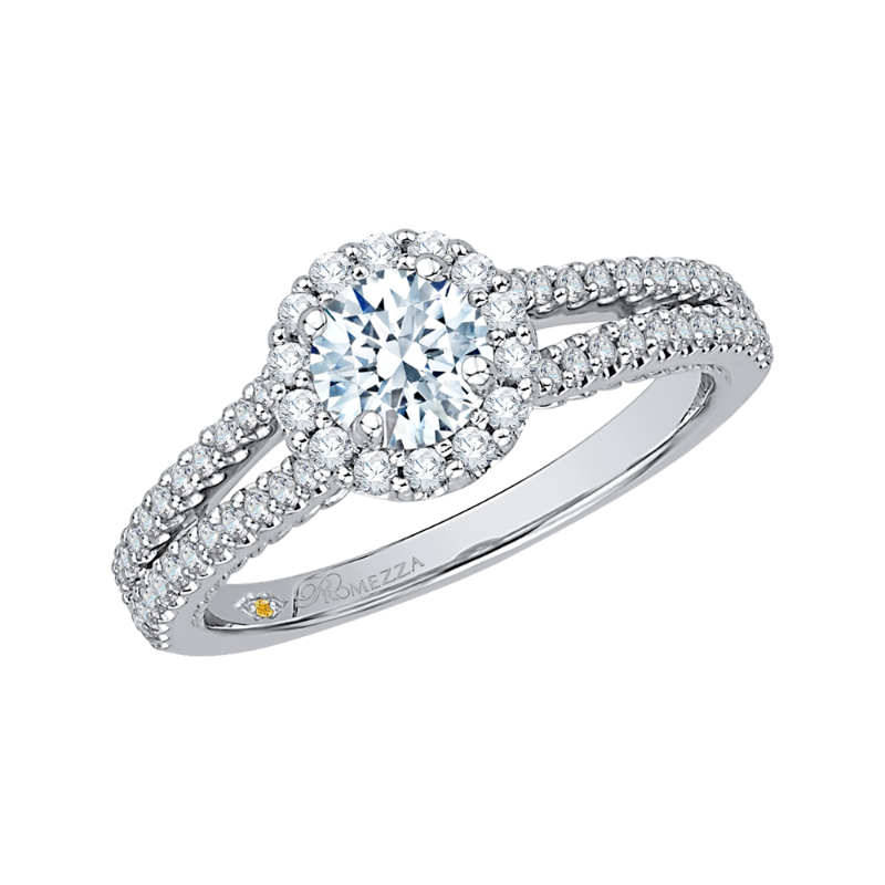 Split Shank Round Diamond Halo Engagement Ring In 14K White Gold