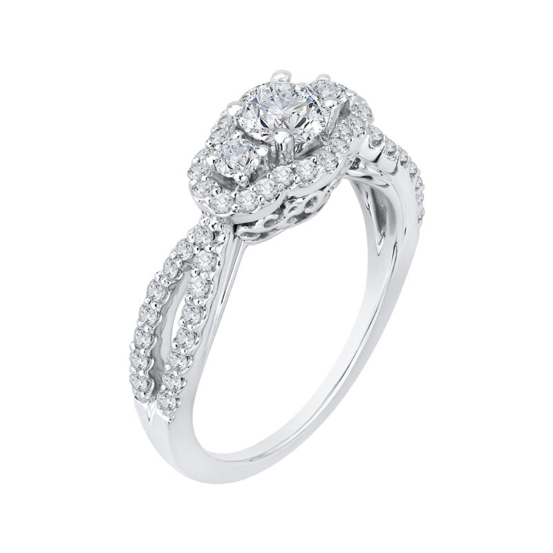 Diamond Three-Stone Halo Engagement Ring in 14K White Gold