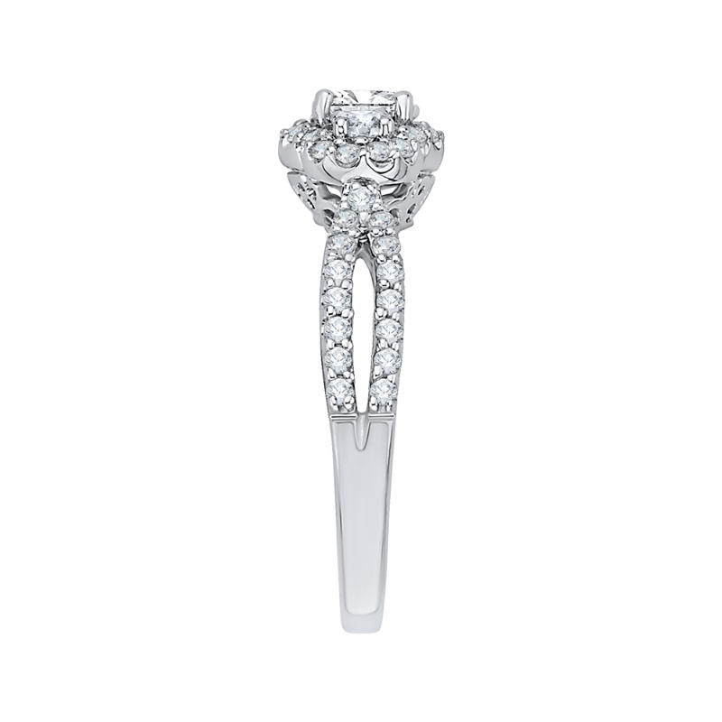 Diamond Three-Stone Halo Engagement Ring in 14K White Gold