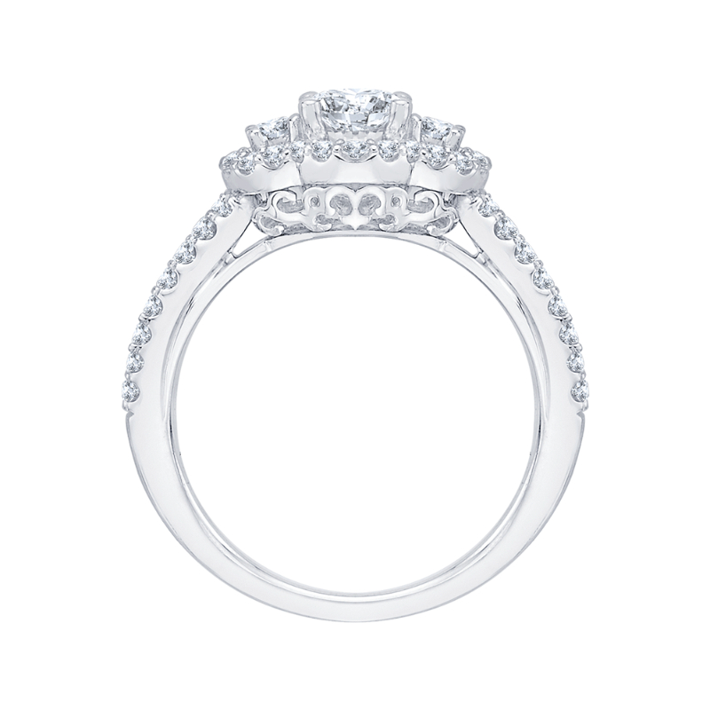 Diamond Three-Stone Halo Engagement Ring in 14K White Gold