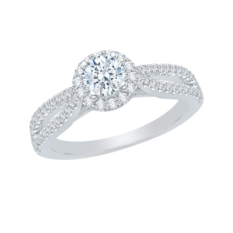 Split Shank Diamond Halo Engagement Ring in 14K White Gold