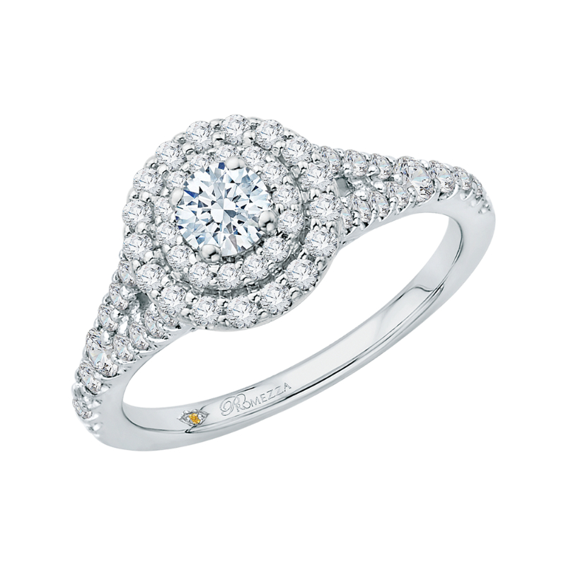 Split Shank Double Halo Diamond Engagement Ring In 14K White Gold