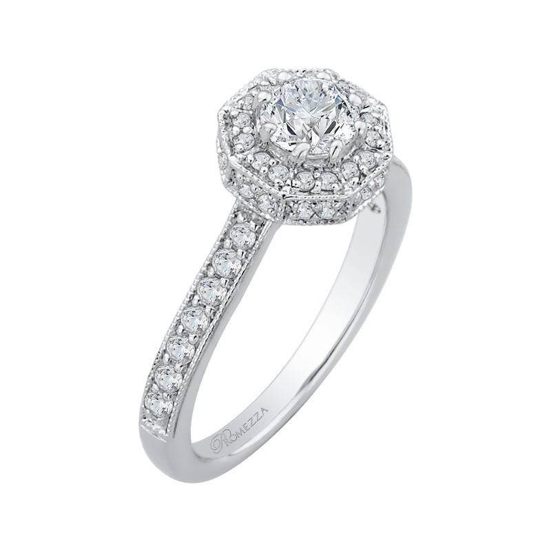 Round Diamond Octagon Shape Halo Engagement Ring in 14K White Gold