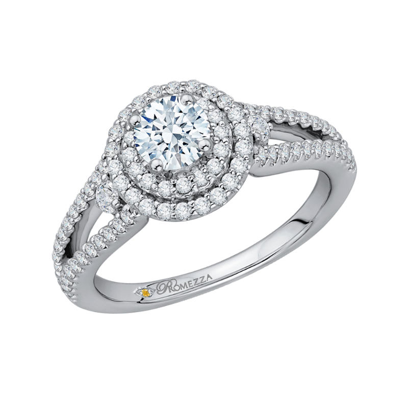 Split Shank Round Diamond Double Halo Engagement Ring in 14K White Gold