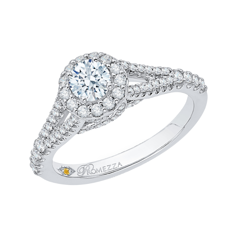 Split Shank Round Diamond Halo Engagement Ring in 14K White Gold